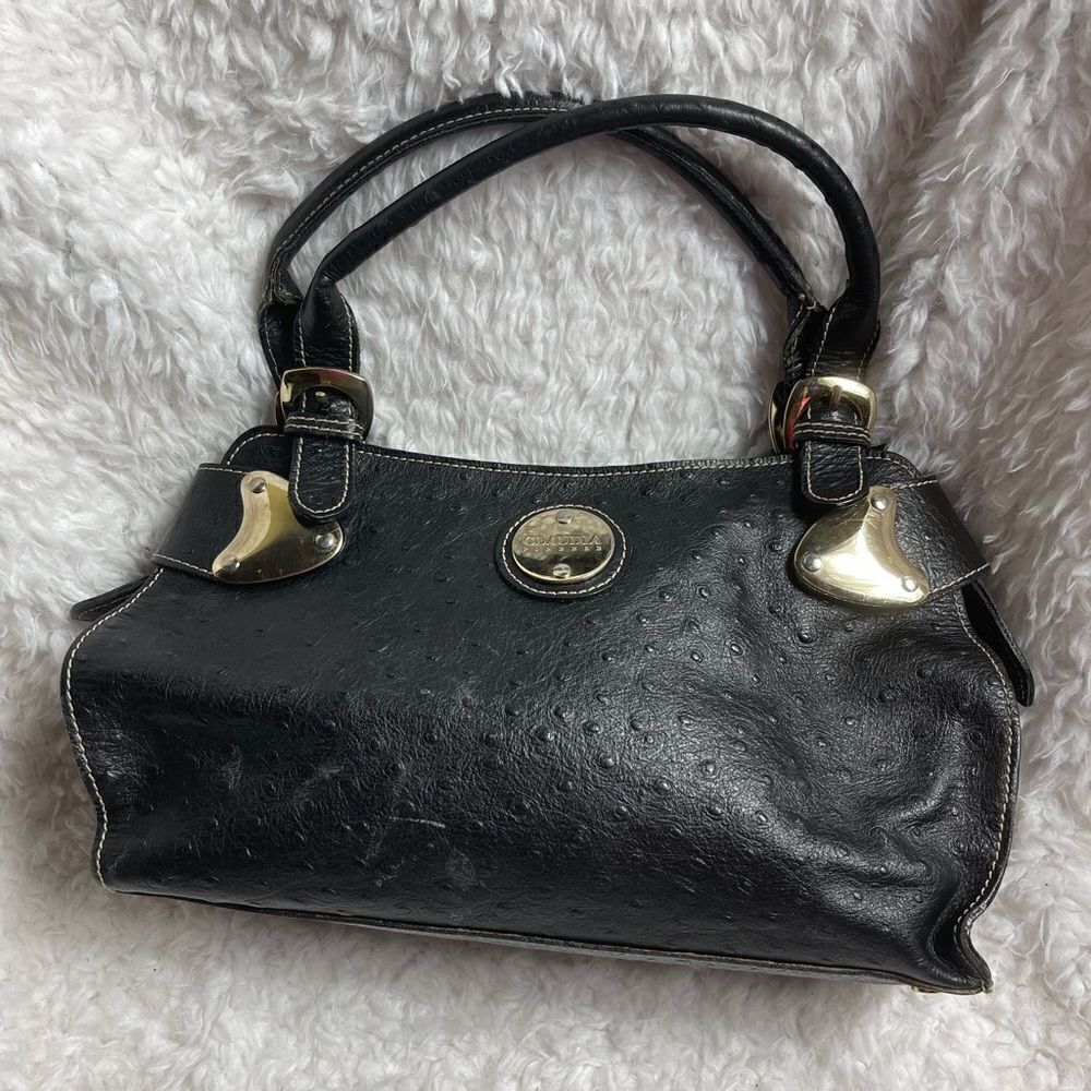 COPY - Claudia Firenze Italian leather black ostrich print satchel silver tone …